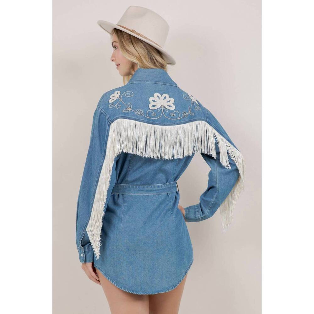 NEW SAINTS & HEARTS embroidery detail fringe denim dress in medium wash - Picture 3 of 4